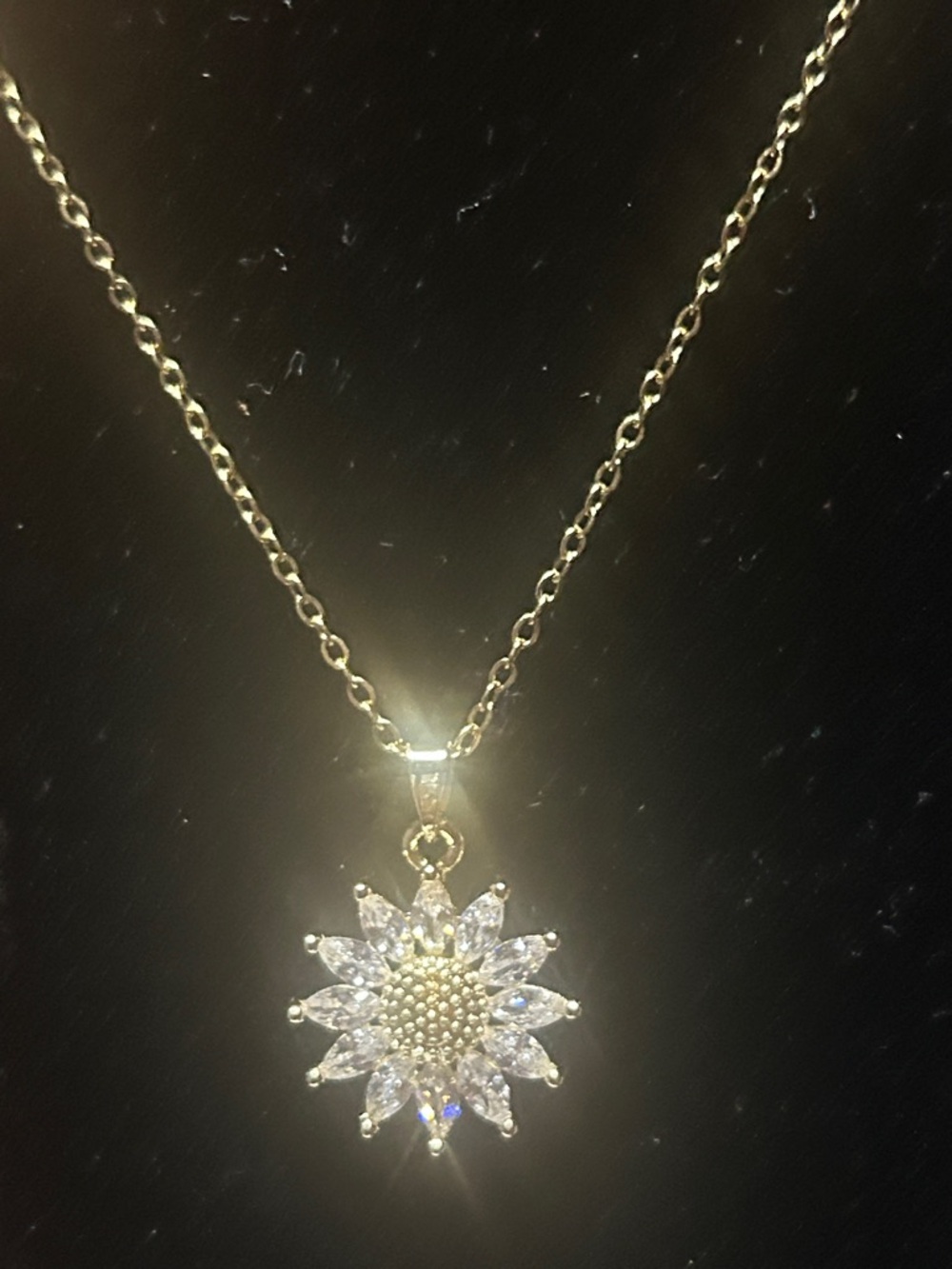 Gold Sunflower Pendant Necklace with Clear Crystals - Women Jewelry
